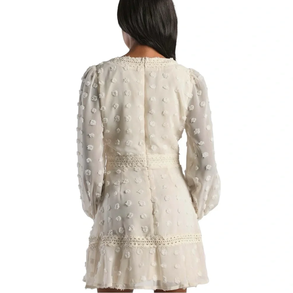Lulus Might Be Magic Ivory Clip Dot Lace Long Sleeve Ruffle Mini Dress Small NWT - Picture 4 of 12